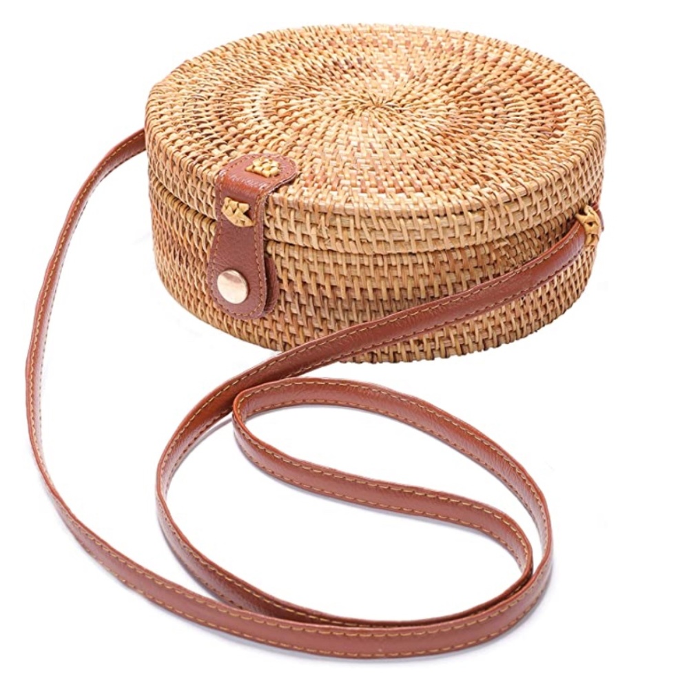 Round Rattan structured square crossbody bag